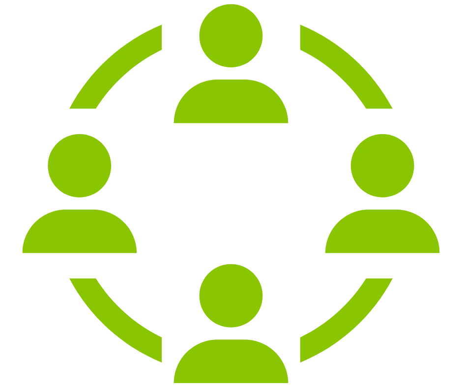 Four bright green stick figure heads connected with circle arcs