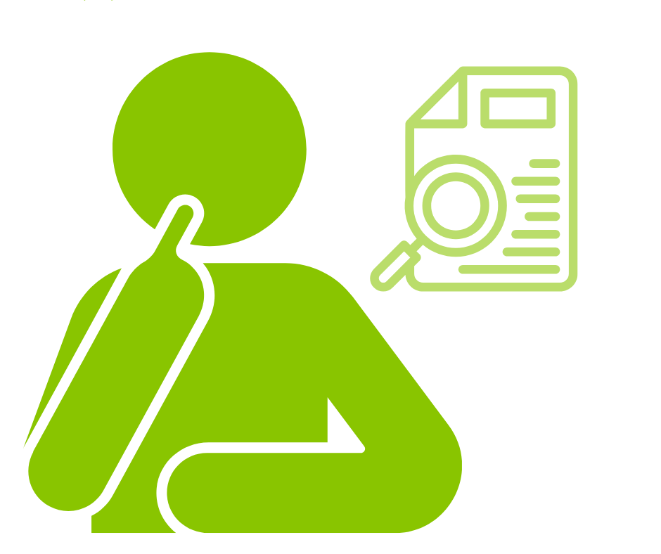 bright green stick figure sits on bottom left with one elbow bent and with pointer figure on face in thoughtful pose. In top right corner is a graphic of a document with a magnifying glass