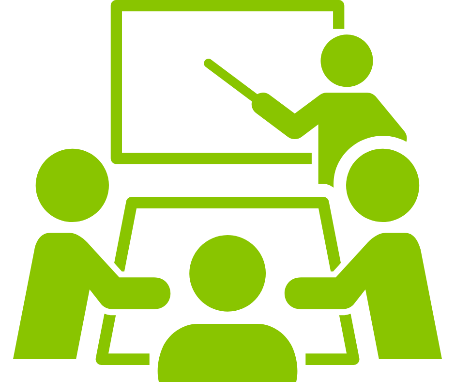 three bright green stick figures sit around a table while a fourth stick figure points to a whiteboard or screen with bright green outline
